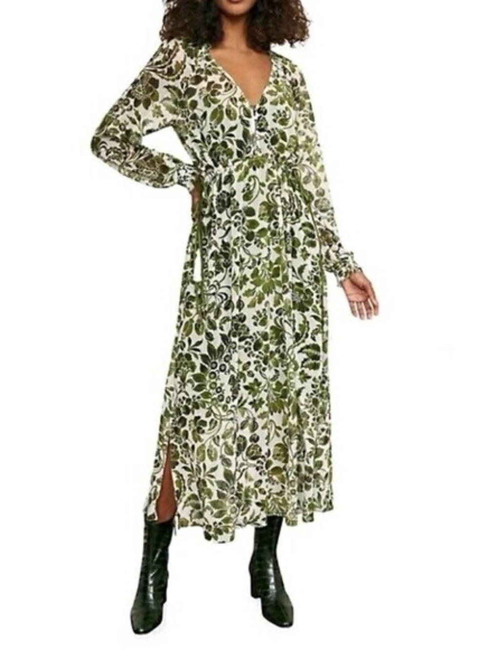 La Ligne Olive & White Floral Long Sleeve Maxi Dress